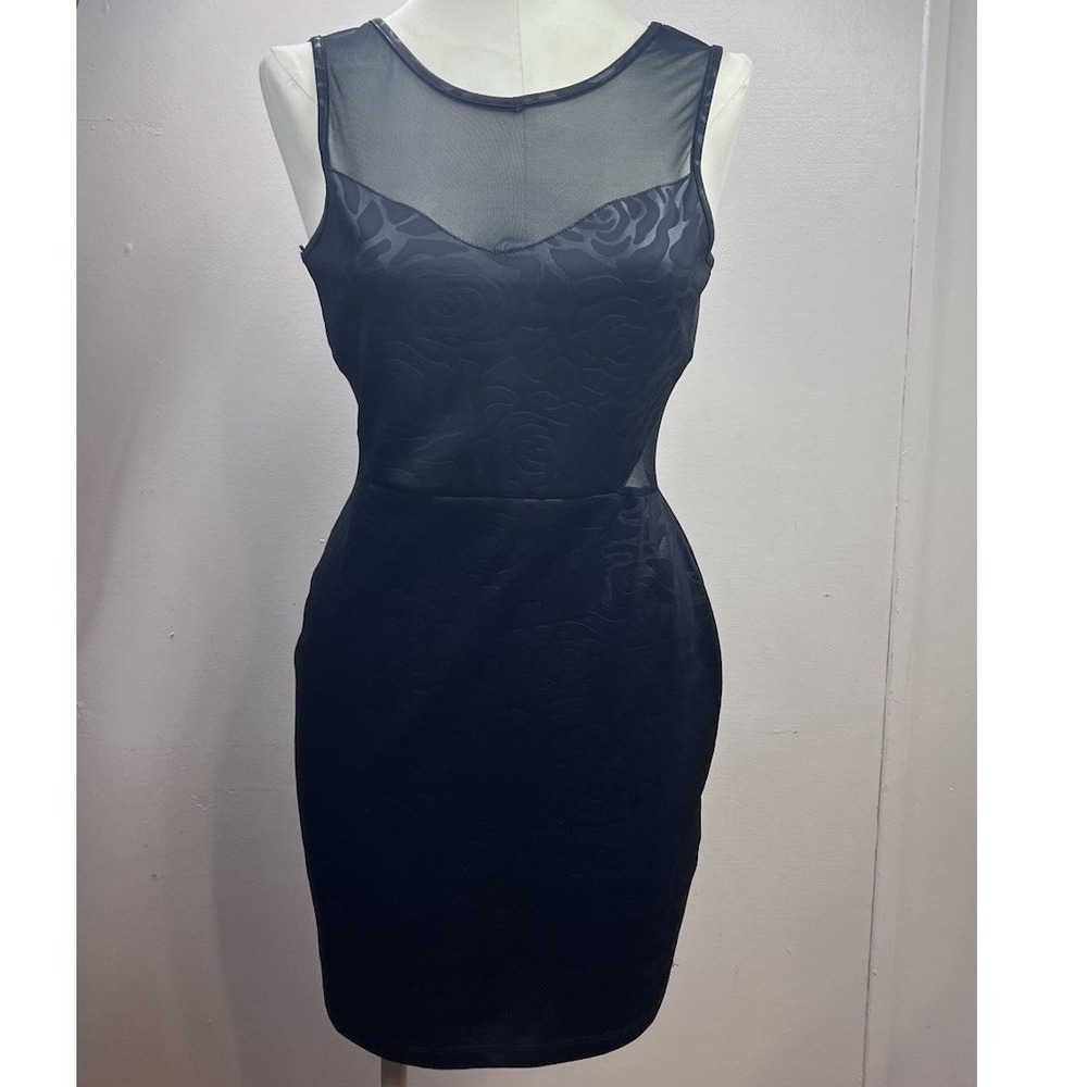 Papaya Black Rose Jacquard Mesh Illusion Bodycon Mini Dress Medium Made in USA